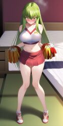 ai_generated bed bedroom breasts c.c. cheerleader cheerleader_outfit cheerleader_uniform clothing code_geass embarrassed female female_only green_hair large_breasts looking_at_viewer midriff nai_diffusion pom_pom_(cheerleading) pom_poms skirt stable_diffusion yellow_eyes