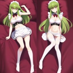 ai_generated c.c. clothed code_geass costume female female_only green_hair long_hair maid maid_headdress maid_outfit maid_uniform multiple_poses nai_diffusion on_back on_bed stable_diffusion white_clothing yellow_eyes