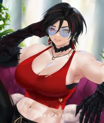 1girls abs armpits belly belly_button big_breasts black_gloves black_hair blue-tinted_eyewear earrings female female_focus female_only glasses gloves grin heterochromia huge_breasts light-skinned_female light_skin lips looking_at_viewer muscular muscular_female nastart necklace neckwear original original_character pink_eyes pov pov_eye_contact scar scars sergia_(nastart) solo solo_female solo_focus sports_bra sunglasses thick_eyebrows tinted_eyewear tomboy very_short_hair yellow_eyes