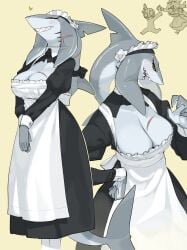 absurd_res anthro big_breasts biped black_sclera bottomwear breast_scar breasts cleavage clothed clothing digital_media_(artwork) female fin fish grey_body grey_skin head_fin head_tail heart hi_res kame_3 maid maid_headdress maid_uniform marine shark shark_maid_(kame_3) sharp_teeth simple_background skirt smile solo teeth uniform white_body white_skin yellow_background yellow_eyes