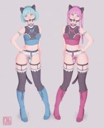 2boys ball_gag blue_hair boots cage caged caged_cock cat_ears cat_tail chastity chastity_cage chastity_device clothed clothing cock_cage femboy gag leather mostly_clothed olliolli30 penis_cage pink_chastity_cage pink_hair sissy source_request tagme trap