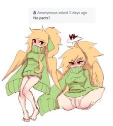 blonde_hair bottomless green_sweater pantsless pussy shenpai_(artist) sweater tagme viro_(shenpai) wings