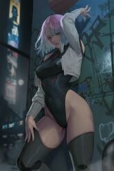 1girls against_wall alley arm_up bangs black_leotard black_thighhighs blue_eyes breasts cameltoe cd_projekt_red covered_erect_nipples covered_navel cropped_jacket cyberpunk:_edgerunners cyberpunk_2077 female female_only graffiti hand_on_own_thigh highres janggun jeneral leotard looking_at_viewer lucyna_kushinada medium_breasts multicolored_hair night parted_lips short_hair solo standing studio_trigger thighhighs thighs