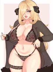 1girls artist_request black_bra black_panties blonde_hair bra breasts cynthia_(pokemon) female game_freak hair_ornament hips large_breasts light-skinned_female light_skin lingerie long_hair mimimows nintendo panties pokemon pokemon_dppt slim_waist spookiebuni thick_lips thick_thighs thighs wide_hips