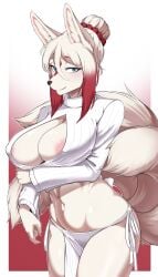 1girls 2022 4:7 anthro areola areola_slip big_breasts blue_eyes breasts canid canine cleavage cleavage_cutout clothed clothing digital_media_(artwork) eyebrows eyelashes female female_only fox fox_ears fox_tail hair_bun inner_ear_fluff kemono looking_at_viewer mammal navel panties red_highlights rusal32 side-tie_panties simple_background smiling smiling_at_viewer solo tail tied_hair tuft underwear very_high_resolution white_hair