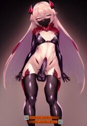 1futa abs ai_generated balls big_penis black_bra clothed clothing demon erection face_mask futa_only futanari horns humanoid humanoid_penis leather_bra light-skinned_futanari light_skin long_hair medium_balls mostly_nude neuronormal penis pink_hair red_cape red_eyes red_horns red_mask red_stockings self_upload small_breasts solo stable_diffusion succubus