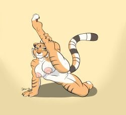 anthro breasts daison_the_fox dreamworks feet felid feline female flexible furry genitals highres kung_fu_panda large_breasts mammal master_tigress nipples nude pantherine pawpads paws pussy raised_leg simple_background solo stretching stripes tiger