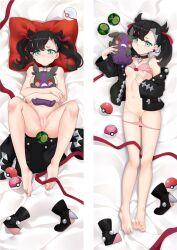 ass_visible_through_thighs barefoot bed_sheet black_choker black_hair black_jacket bra bra_lift breasts choker closed_mouth collarbone dakimakura dakimakura_(medium) dakimakura_design feet female from_above frown full_body green_eyes hair_ribbon holding holding_pokemon jacket legs legs_up long_hair long_sleeves looking_at_viewer love_ball lying marnie_(pokemon) moeanime morpeko morpeko_(hangry) nipples nude on_back open_clothes open_jacket panties panty_pull pink_bra pink_panties poke_ball pokemon pokemon_(game) pokemon_(species) pokemon_ss pussy red_ribbon ribbon shiny shiny_hair small_breasts split_screen spread_legs thigh_gap toes twintails uncensored underwear young