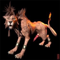 2022 3d_(artwork) animal_genitalia anklet balls claws digital_media_(artwork) erection felid feral feral_only final_fantasy final_fantasy_vii fire flaming_tail genitals hair hi_res jewelry knot lion looking_at_viewer male male_only mammal mane one_eye_closed open_mouth pantherine penis red_xiii short_hair simple_background solo spiky_hair square_enix tan_body tattoo teeth ugnaughtsden video_games yellow_eyes