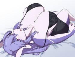 1girls anthro aruri_(whooo-ya) big_breasts bra countershading dragon female female_only long_hair looking_at_viewer lying lying_on_back marine narrowed_eyes nipple_bulge open_mouth purple_body purple_eyes purple_hair rusal32 solo very_high_resolution white_background white_body