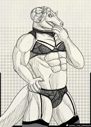 2022 abs absurd_res athletic bow_tie bra claws clothed clothing crossdressing dragon garo_(artist) hand_on_hip hand_on_mouth hi_res kinktober lingerie looking_at_viewer male monochrome muscular pecs scalie shaded simple_background slit smile solo standing the_boss_is_a_sister underwear vincent_falnail_(the_boss_is_a_sister)