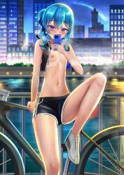 1girls bare_chest belly_button black_shorts blue_eyes blue_hair blush city covering_mouth denim_shorts eyebrows_visible_through_hair female flat_chest highres hololive hololive_gen_0 hololive_japan hoshimachi_suisei jagoo_(artist) light-skinned_female light_skin night nipples shoes shooting_star shorts smartphone solo sports_shorts sweat virtual_youtuber white_shoes