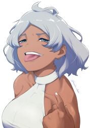 ahoge aqua_eyes breasts collarbone dark-skinned_female dark_skin eeshin_(eishin5584) female grey_hair gundam gundam_suisei_no_majo halterneck large_breasts nail_polish open_mouth pointing pointing_at_self secelia_dote shirt short_hair simple_background sleeveless sleeveless_shirt solo squinting teeth tongue tongue_out twitter_username upper_body upper_teeth white_background white_nails white_shirt