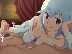 1boy 1girls aqua_(konosuba) blue_eyes blue_hair censored censored_penis cleavage clothed_female_nude_male erection female handjob heart holding_penis kono_subarashii_sekai_ni_shukufuku_wo! male matching_hair/eyes motion_lines pajamas pubic_hair smile tedain