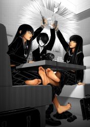 2girls asian asian_female barefoot black_hair feet female female_only kidetic kusujinn oc original_character school_uniform tagme tied_to_twins