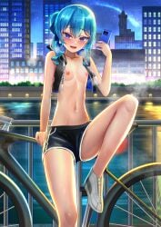 1girls bare_chest belly_button black_shorts blue_eyes blue_hair blush city dolphin_shorts eyebrows_visible_through_hair female flat_chest highres hololive hololive_gen_0 hololive_japan hoshimachi_suisei jagoo_(artist) light-skinned_female light_skin night nipples shoes shooting_star shorts smartphone solo sport_shorts sweat virtual_youtuber white_shoes