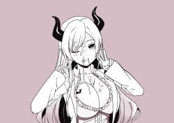 bangs blush breasts cleavage cum cum_on_body cum_on_breasts cum_on_hair demon_girl demon_horns demon_wings double_v facial female highres hololive hololive_gen_2 hololive_japan horns labcoat large_breasts long_hair looking_at_viewer no_color pointy_ears senaka_(kamemusikiller0723) smile solo succubus suggestive_fluid tattoo tongue v virtual_youtuber wings yuzuki_choco