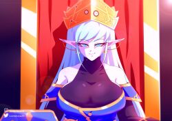 aeos blue_hair blue_skin dragon_ball dragon_ball_heroes dragon_ball_z goddess huge_breasts long_hair lovepizza26 pointy_ears potara_earrings sitting sitting_on_chair solo solo_female super_dragon_ball_heroes supreme_kai supreme_kai_of_time time_power_unleashed_form_(dragon_ball)