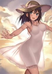 blue_eyes brown_hair cleavage clothing clouds cloudscape female headwear human kureha_(ironika) large_breasts origianl original pale_skin silhouetted_body smile sun_hat sundress tsubasa_(kureha) white_dress