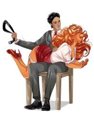 1boy 1boy1girl 1girls belt dress_raised_for_spanking duo female femsub hair_covering_eyes hand_on_back high_heels large_ass large_breasts male maledom master_yanu office office_lady open_mouth over_the_knee_spanking panties_down powerpuff_girls principal punishment red_hair sara_bellum secretly_loves_it simple_background sitting_on_chair skirt_up spanking teacher thick_thighs white_background