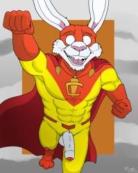 anthro cloud erection flying foreskin genitals hi_res lagomorph leporid lewd_latte male mammal mask original_character penis rabbit simple_background solo superhero superhero_costume