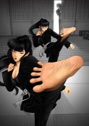 2girls asian asian_female barefoot black_hair feet foot_fetish karate_gi kidetic kusujinn martial_arts_uniform oc original_character tagme tied_to_twins