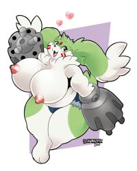 anthro bandai_namco big_breasts breasts clothed clothing digimon digimon_(species) female fluffy fluffy_tail fur gargomon green_body green_fur heart hi_res mature_female multicolored_body multicolored_fur nipples open_mouth open_smile partially_clothed schwarzfox smile solo tongue two_tone_body two_tone_fur white_body white_fur