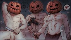 2boys arm_up armpits artist_signature blood blood_stain collage fellatio fit fit_male gay halloween horror jack-o'-lantern kal_tv knife licking licking_penis loincloth male male_only monster muscular muscular_male naked nipple_piercing original original_character pumpkin pumpkin_head scars speech_bubble spoken_heart yaoi