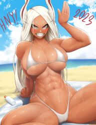 1girls 2023 abs absurd_res animal_ears bare_shoulders beach beach_towel big_breasts bikini blush breasts bunny_ears bunny_ears_(gesture) cameltoe cleavage clenched_teeth clothing cloud collarbone dark-skinned_female dark_skin darkvil eyelashes female female_focus female_only g-string grin half-closed_eyes happy_new_year highleg_swimsuit hips human large_breasts long_hair looking_at_viewer micro_bikini miruko muscular muscular_female my_hero_academia navel ocean outside parted_lips pinup red_eyes revealing_clothes rumi_usagiyama sand seductive shiny_skin side-tie_bikini sideboob sitting skimpy skindentation smile solo solo_female spread_legs sunscreen sweat sweatdrop swimsuit teeth thick_thighs thighs thong underboob voluptuous water white_hair year_of_the_rabbit