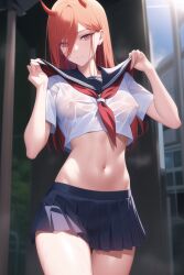 1girls ai_generated athletic athletic_female chainsaw_man demon demon_girl demon_horns female female_only kayahkiss light-skinned_female nai_diffusion navel office_lady power_(chainsaw_man) red_hair seifuku shounen_jump skirt stable_diffusion