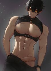 1boy abs adonis_belt artist_signature bare_midriff bishonen black_hair buckle dark_hair ear_piercing elf erection fingerless_gloves fit fit_male gloves kal_tv male male_only midriff muscular muscular_male nipple_piercing original original_character penis precum scars sweatpants undressing yellow_eyes