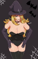 blonde_hair breasts cleavage cobwebs cynthia_(pokemon) light-skinned_female light_skin long_hair pokemon pokemon_dppt qthead smile thighhighs thighs voluptuous witch_hat zubat