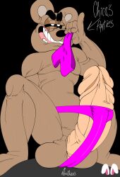 absurd_res adultpartypunch animatronic anthro clothed clothing digital_media_(artwork) five_nights_at_freddy's freddy_(fnaf) fur genitals hi_res humanoid machine male male_only mammal nude panties penis robot scottgames simple_background skimpy smolbunnyxoxo(parasite) sniffing solo text thick_penis thong underwear underwear_sniffing ursid video_games