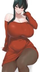 1girls armpit_crease black_hair blush breasts clothed female hi_res hips huge_breasts kemigawa_mondo light-skinned_female light_skin long_hair looking_at_viewer massive_breasts red_clothing red_eyes slightly_chubby smile solo spy_x_family sweater thick_thighs thighs tights wide_hips yor_briar yor_forger