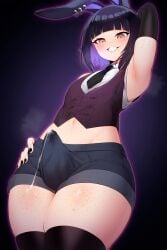 1boy ain(in) animal_ears armpits black_hair bulge cum femboy feminine_male freckles heart indie_virtual_youtuber legwear light-skinned_male light_skin male male_only nishi_komiya_(nishi-ko) original penis_bulge pink_eyes precum short_hair shorts solo thick_thighs thighhighs thighs tie virtual_youtuber