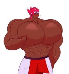 ! 1boy abs blush cookie_run cookie_run_kingdom dark-skinned_male dark_skin hair half-dressed hand_on_pecs headgear huge_pecs hyper hyper_muscles hyper_pecs looking_down lowres male_only medium_hair muscles muscular muscular_male oddly_bally pecs red_eyes red_hair simple_background solo sweat topless white_background wildberry_cookie