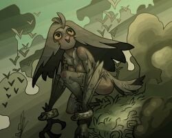 anthro bayett90 big_eyes brown_body chains feathers fluffy harpy peak scenery thick_thighs yellow_eyes