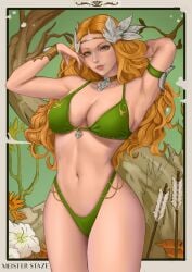 arrow big_breasts bikini blonde_hair collar final_fantasy final_fantasy_xiv flowers goddess green_background green_bikini green_eyes green_swimsuit meister_staze muscular_female nophica smiling_at_viewer square_enix taller_girl tree