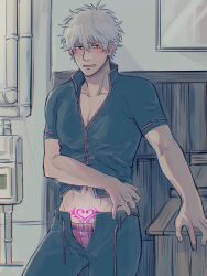 alley blush embarrassed gintama gintoki_sakata looking_at_viewer male male_only open_pants outside popped_collar pubic_tattoo public_exposure public_humiliation shirt_lift silver_hair solo tattoo tears white_hair