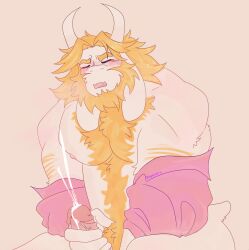 anthro asgore_dreemurr blush bodily_fluids body_hair bovid breath caprine chest_hair closed_eyes clothed clothing cum cumshot dispocarix ejaculation fur genital_fluids genitals goat happy_trail hi_res horn male male_only mammal nipples open_mouth partially_clothed penis pink_nipples slightly_chubby solo solo_focus undertale_(series) vein veiny_penis white_body white_fur yellow_body yellow_fur