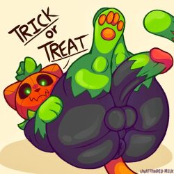 2d 2d_(artwork) ass big_ass big_butt black_body bubble_ass bubble_butt feral interspecies laying_down looking_at_viewer male_only multicolored_penis pumkat pumpkin pumpkin_head solo_male text trick_or_treat unattendedmilk_(artist) zoophilia