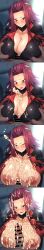 1boy akiza_izinski blush bodysuit breast_grab breasts brown_eyes censored cleavage cum cum_on_breasts cum_on_face cum_on_hair ejaculation ejaculation_between_breasts erection female huge_breasts izayoi_aki looking_at_viewer medium_hair motorcycle_suit multiple_views nipples one_eye_closed open_mouth paizuri red_hair split_screen sweat titjob yonekura_mochi yu-gi-oh! yu-gi-oh!_5d's