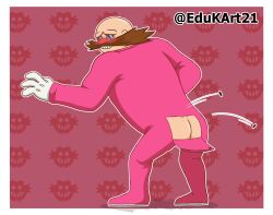 1boy 4_toes ass bald bared_teeth brown_hair clothing dr._eggman edukart21 eyewear facial_hair feet flushed footwear glasses gloves hair handwear hi_res human invalid_tag male male/male male_only mammal moustache nose pajamas pink_suit sega shoes solo sonic_(series) sonic_boom sonic_the_hedgehog_(series) toes villain