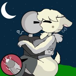 1boy1girl bunny_(piggy) bunny_tail clothing cream_skin cum cum_inside grey_skin human kissing married married_couple moon night penis piggy_(game) player rabbit sex traced