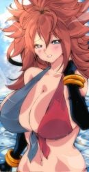 alternate_costume android android_21 android_21_(human) belly_button big_breasts bikini blue_eyes blush breasts brown_hair cleavage dragon_ball dragon_ball_fighterz elbow_gloves female female_focus female_only gigantic_breasts midriff ocean omochi_db swimsuit vomi_(dragon_ball) wet