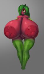 dibujosv12 food_girl fruit_humanoid green_eyes green_hair hair_over_one_eye huge_breasts original_character red_skin standing watermelon