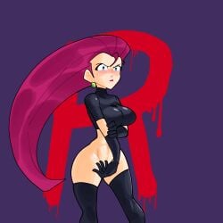 1girls ball_earrings big_breasts blue_eyes blushing_at_viewer elbow_gloves green_earrings jessie_(pokemon) latex looking_at_viewer nintendo no_panties pokemon red_hair solo_female srmoka tagme team_rocket thighhighs