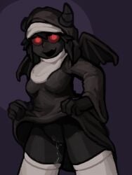 azazel_(the_binding_of_isaac) black_body black_hair clothing clothing_lift demon demon_girl female female_only hat horn looking_at_viewer nun pussy pussy_juice red_eyes rule_63 smile solo_female thatfancygent the_binding_of_isaac thighhighs wet wings