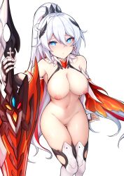 1girls absurdres areolae ass_visible_through_thighs bangs bare_shoulders blue_eyes breasts cape cleavage collar diamond-shaped_pupils diamond_(shape) earrings elbow_gloves female female_only gloves hair_between_eyes hair_ornament highres holding honkai_(series) honkai_impact_3rd jewelry jo_an kiana_kaslana kiana_kaslana_(herrscher_of_flamescion) large_breasts long_hair looking_at_viewer navel nipples ponytail pussy solo solo_female sword symbol-shaped_pupils thighhighs very_long_hair weapon white_background white_hair