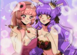 2girls bare_shoulders belly_button big_breasts blush blush_lines breast_press brown_hair bunny_ears bunny_girl cleavage crown dhydratedpucci exposed_shoulders female female_only gradient_hair hair_ribbon hand_on_shoulder heart-shaped_pupils heterochromia hi_res highres indie_virtual_youtuber looking_at_viewer maddie_(vtuber) maddie_(yashinlive) midriff mole mole_under_eye navel neckwear plague_doctor_mask ponytail purple_hair rabbit_ears rabbit_girl red_eyes shioripon syringe twirling_hair virtual_youtuber yashinlive